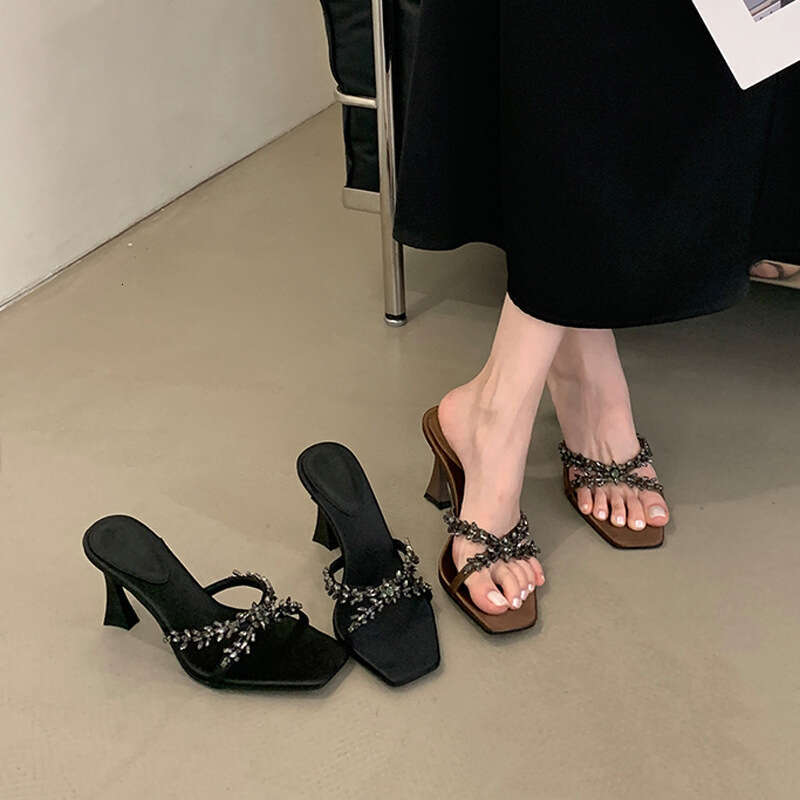 High Heel High Heeled For Women In The Spring Of Korean Fashionable Square Toe Fairy Style With Skirt And Cool Slippers
