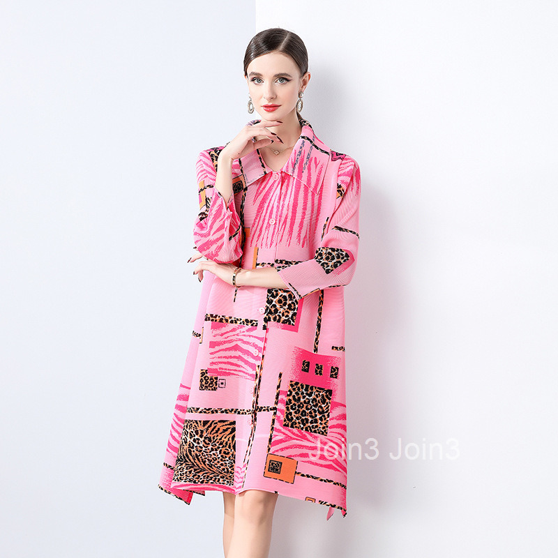 French style pleated printed dress 2024 spring/summer new item lapel plus size three bedroom loose shirt skirt
