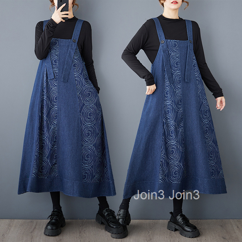 Spring and Autumn New Loose Dark Crafted Cowboy Splicing Skinny Strap Dress