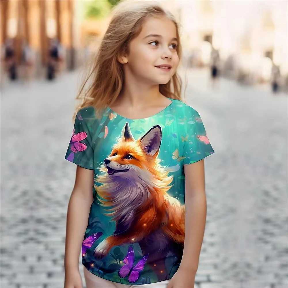 Animal Fox Girl T Shirts Kids Gift Tee Short Sleeve Casual Top Tee Childrens Clothing T Shirt For Girls W250221