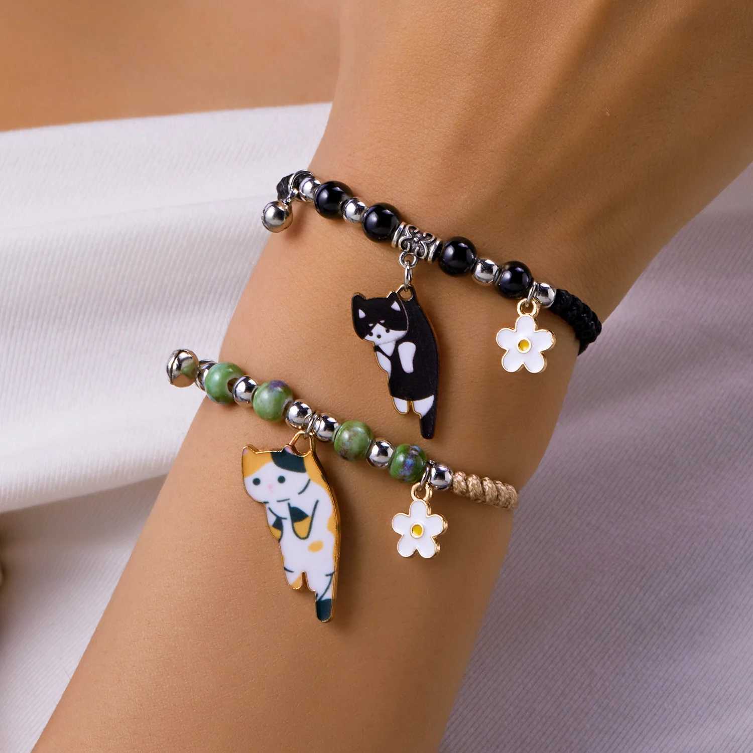 Cartoon enamel animal cat flower bracelet for girls children women charm pet sling rope bracelet handmade friendship jewelry W250221
