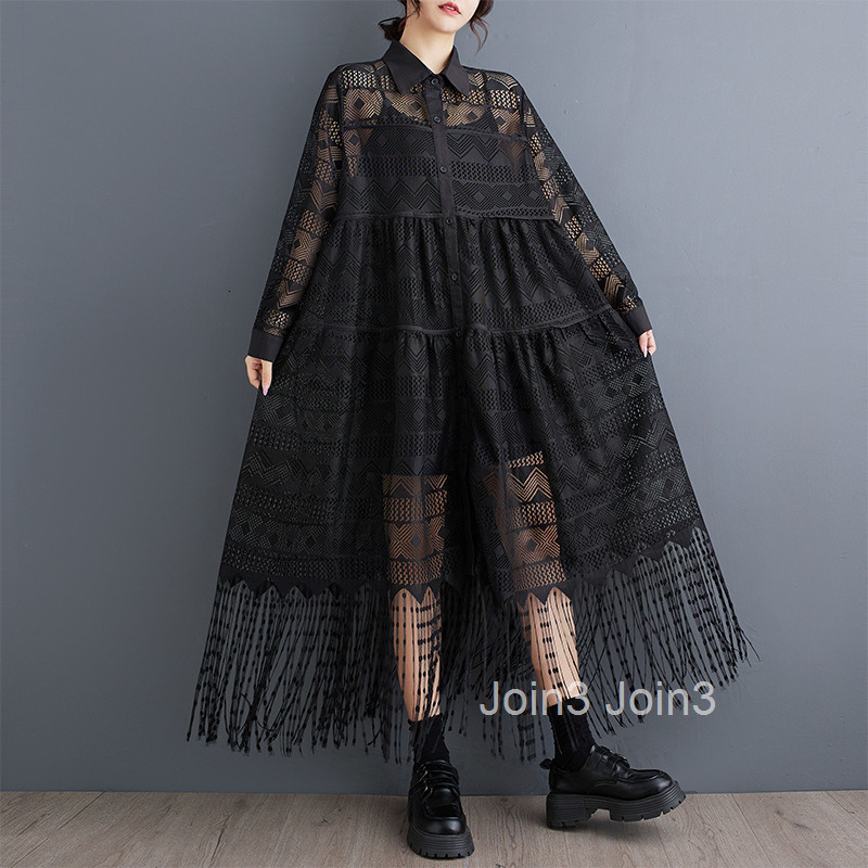 Spring and Autumn Dark Long Lace Splicing Dress Fashionable and Versatile Perspective Shirt Skirt