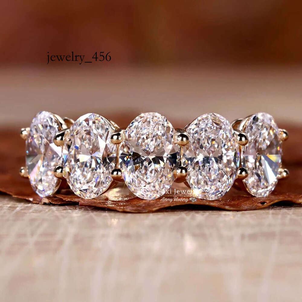 Sier Jewelry Yellow Gold Oval Cut Five Stones Lab Grown Dia Wedding Ring Bg VVS Moissanite Eternity Rings for Women