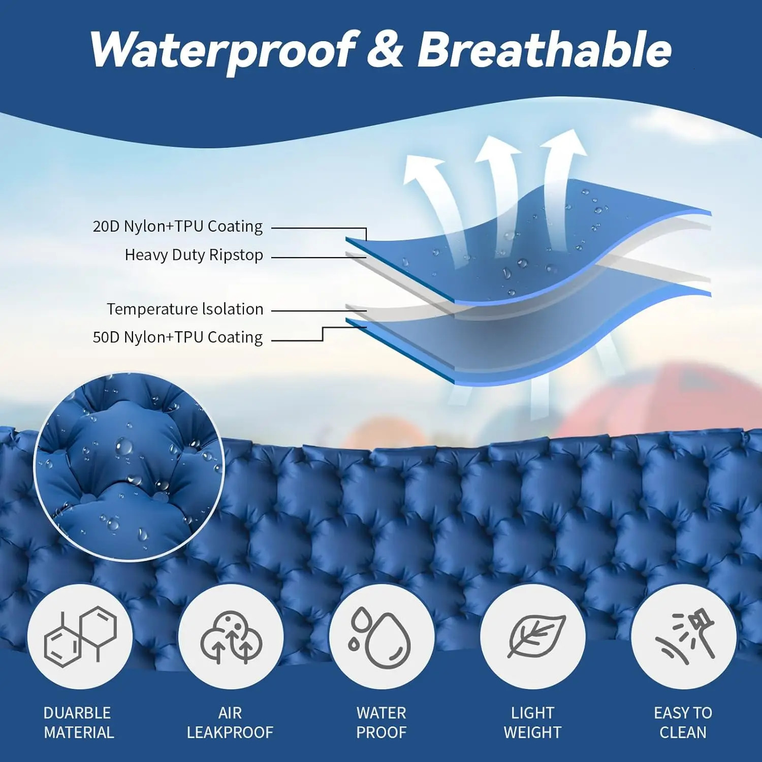 Camping Air Matt Double Sleeping Pad Inflatable Air Mat with Pillow Air Mattress Nature Hike Waterproof Folding Sleeping Mat 250221