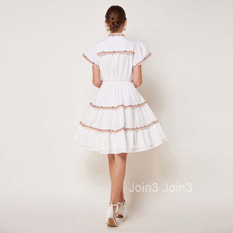 French style stand up collar colorful embroidery drawstring slim fit look at dress