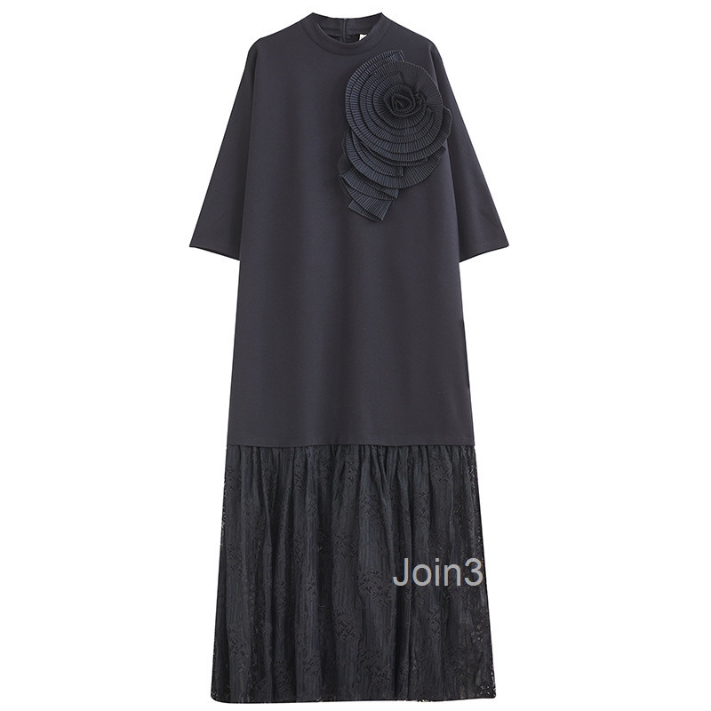 Spring and Autumn New Loose Dark Design Three Dimensional Flower Lace Splicing Temperament Slimming Dress