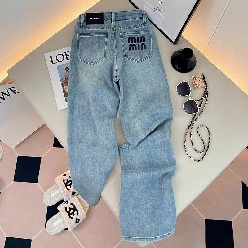Blue Women Jeans Streetwear Vintage Fashion High Waisted Wide Leg Jean Female Trouser Letter Hip Hop Baggy Denim Pants S--XXL