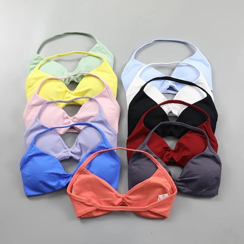 Impact Strappy Bra Women Ruched Halter Neck Workout Yoga Sports Bras Sexy Backless Seamless Gym Crop Top with Removable Pads 250221
