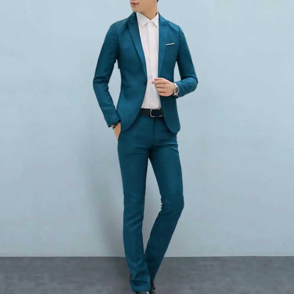 Mens Slim Fit Pants Set Mens Slim Fit Business Suit Set with Single Button Long Pants Spring Autumn Solid Color Lapel DesignXJ250222