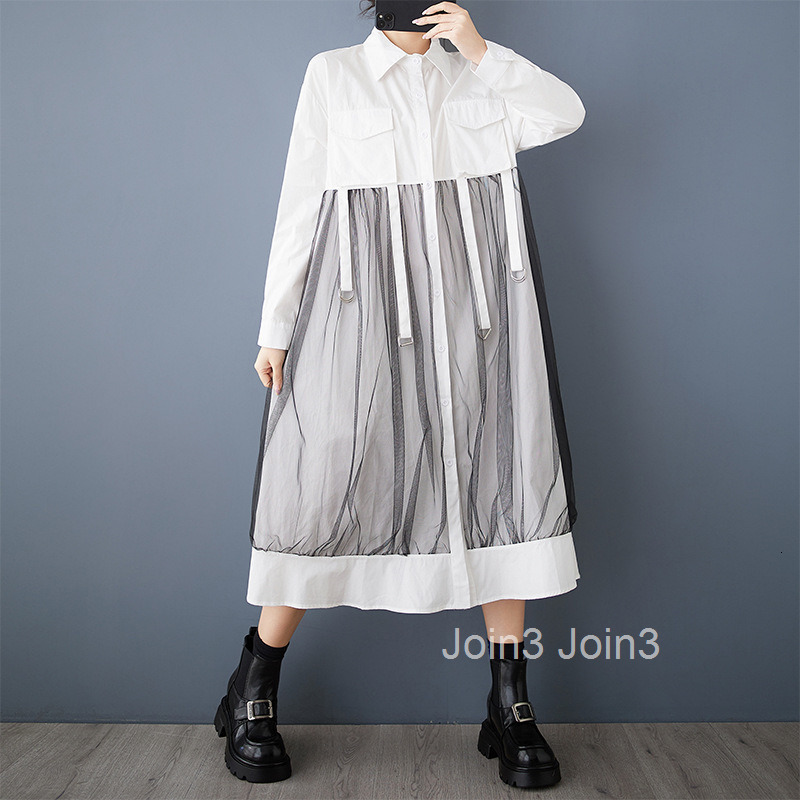 Spring and Autumn New Loose Dark Art Design with Wrinkle Splicing Mesh Casual Fashion Dress