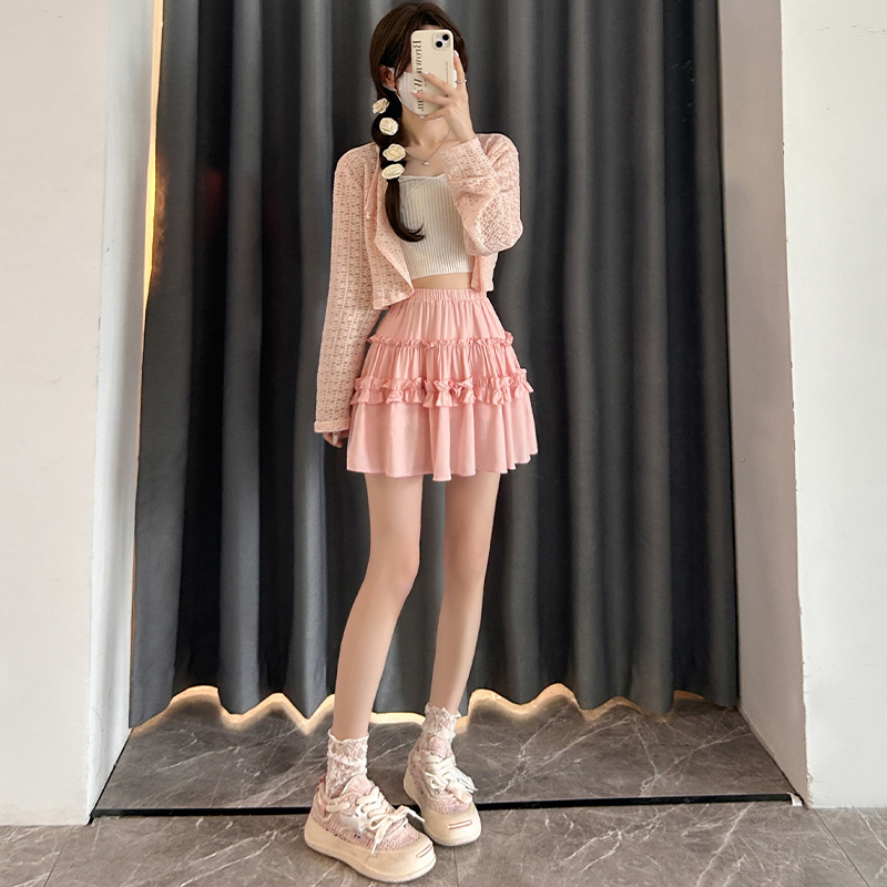 P975 Short skirt women's skirt summer 2025 new high waist a-line small ear edge puffy cake skirt short style