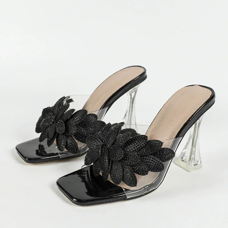 Summer PVC Transparent Slippers Women Fashion Gold Crystal Rhinestone High Heels for Women Mules Shoes Slide Sandals 250221