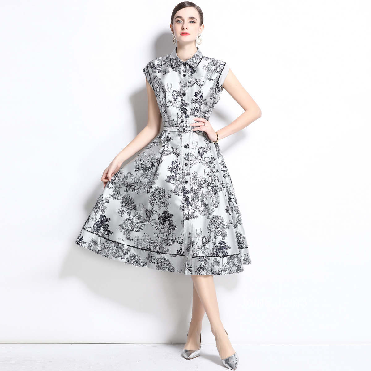 Spring/Summer New Womens Single breasted Sleeveless Animal Ink Painting Jacquard Medium length Dress