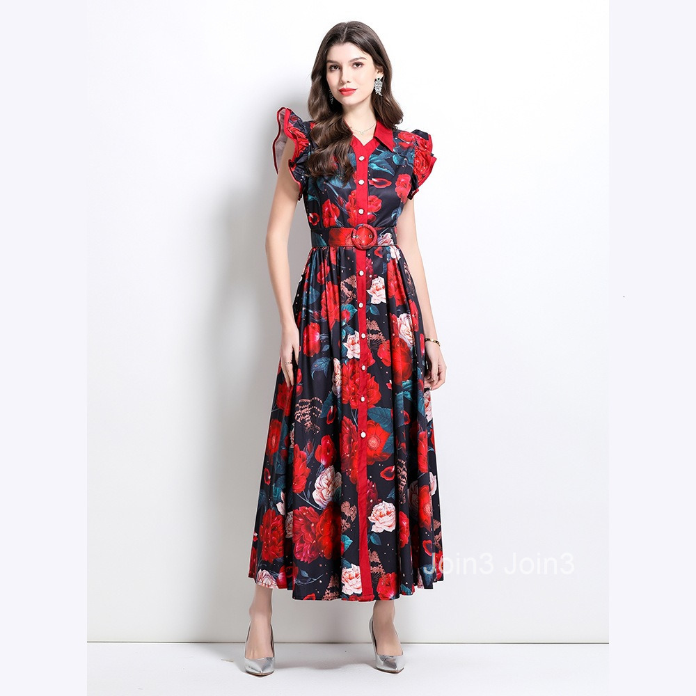 Spring/summer New Womens Clothing Style Flower Pattern Flying Sleeve Ruffle Edge Large Swing Long Dress