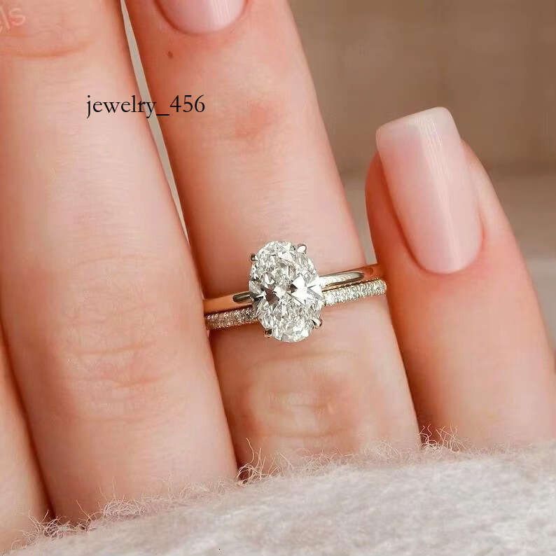 FOXI 2 Ct Oval Cut Moissanite Wedding 14k Gold Plated Bridal Engagement Set Art Deco Matching Stacked Bands Ring