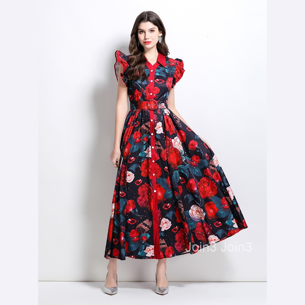 Spring/summer New Womens Clothing Style Flower Pattern Flying Sleeve Ruffle Edge Large Swing Long Dress