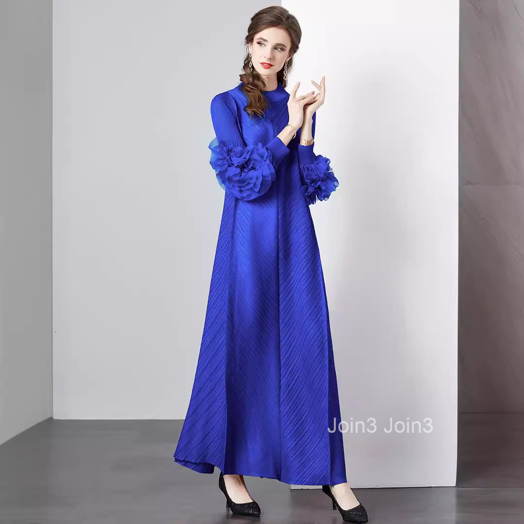Floral Long Dress for Spring and Summer Solid Color Temperament Long Loose Plus Size Dress Pleated for Women