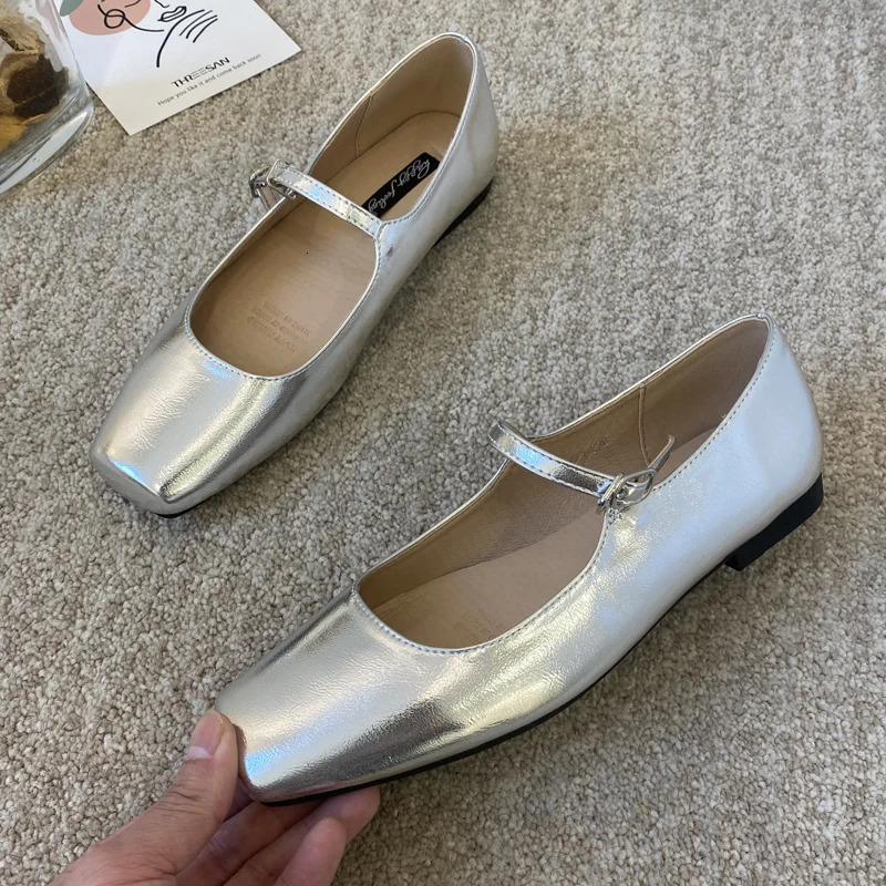Fashionable French Square Head Silver Mary Jane Womens Shoes Comfortable Flat Bottom Soft Sole Ballet Dance Shoes 250221