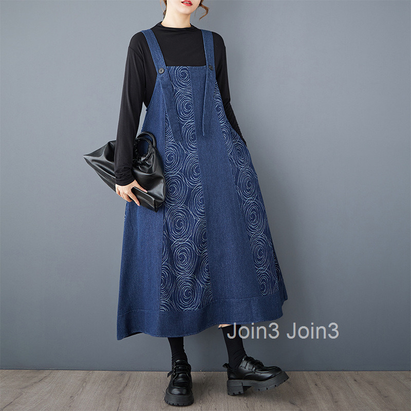 Spring and Autumn New Loose Dark Crafted Cowboy Splicing Skinny Strap Dress