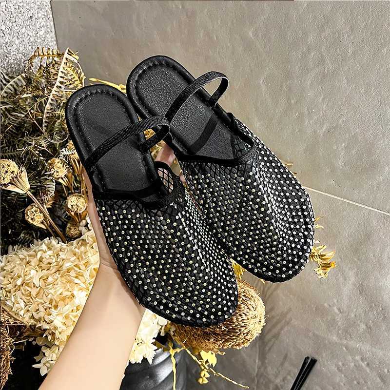 Nude Color Fishnet Mule Slides Woman Luxury Rhine Mesh Flat Sandals Ladies Summer Casual Net Shoes Plus SizeXJ250221
