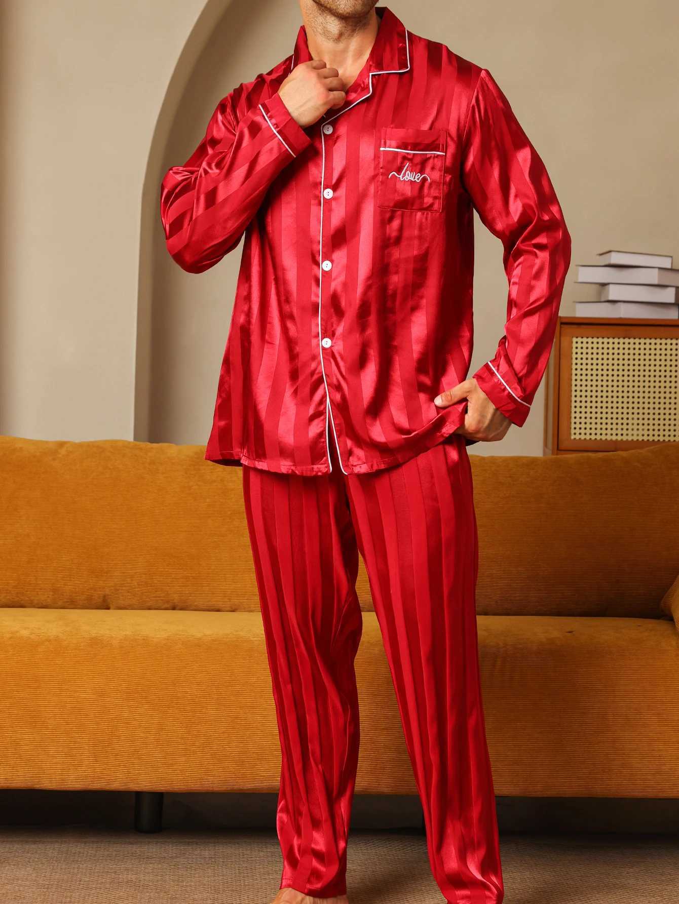 Two piece sets mens pajamas autumn and winter silk satin long sleeved pants casual minimalist letter embroidered sleepwear setXJ250222