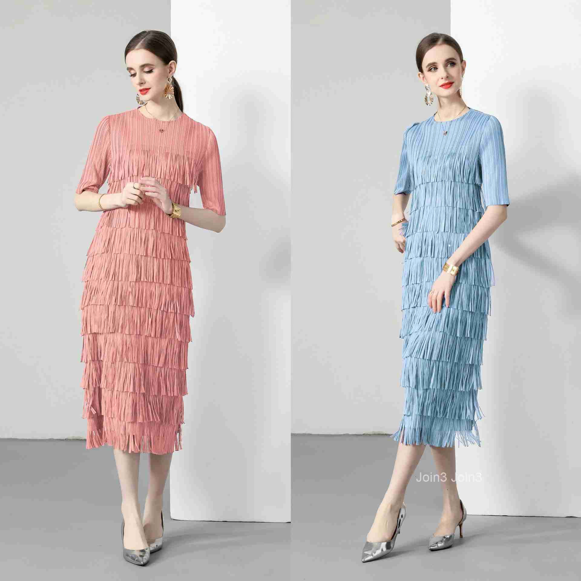 Summer New Womens Pleated Multi-layer Tassel Cake Skirt Solid Color Mid Sleeve Slim Fit Dress