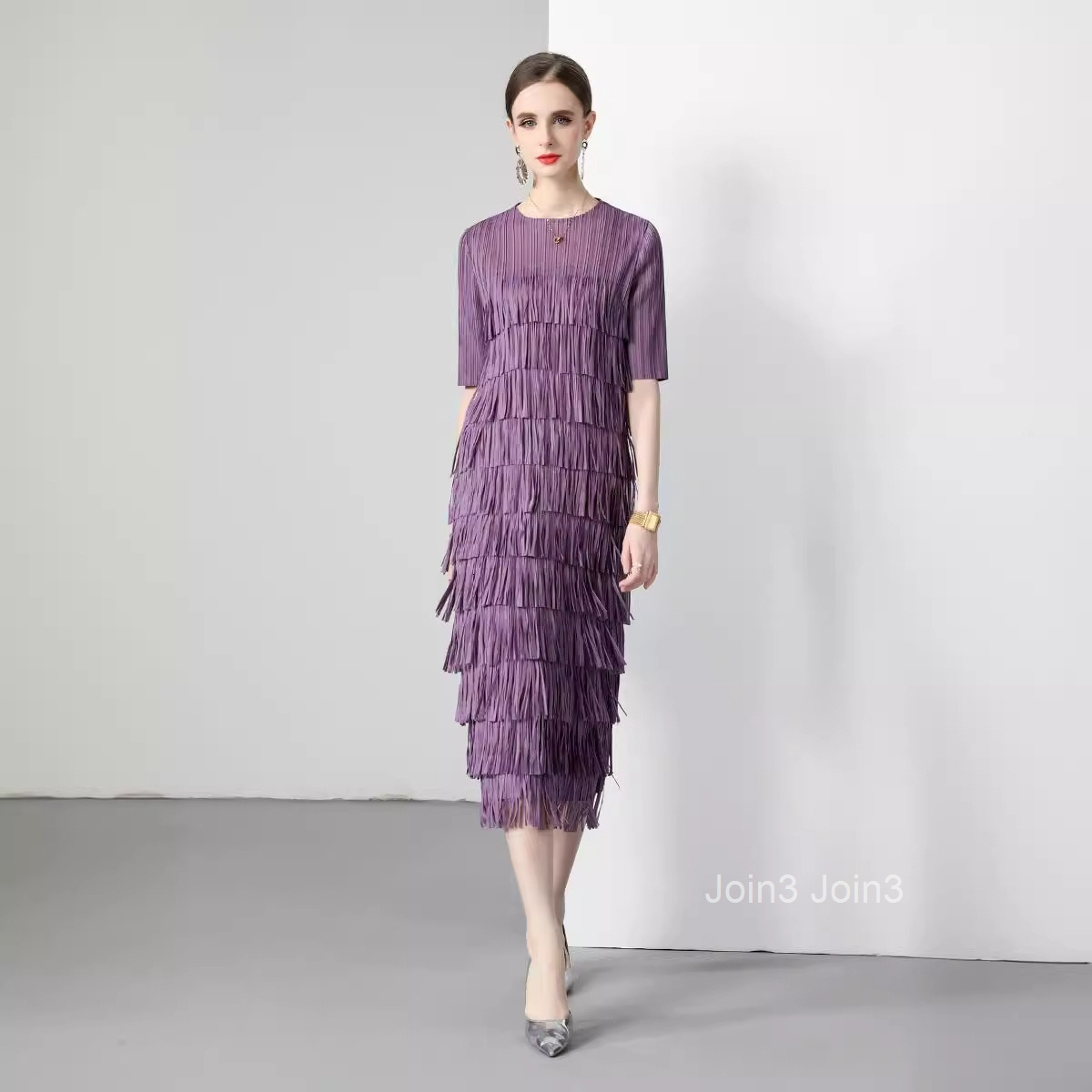 Summer New Womens Pleated Multi-layer Tassel Cake Skirt Solid Color Mid Sleeve Slim Fit Dress