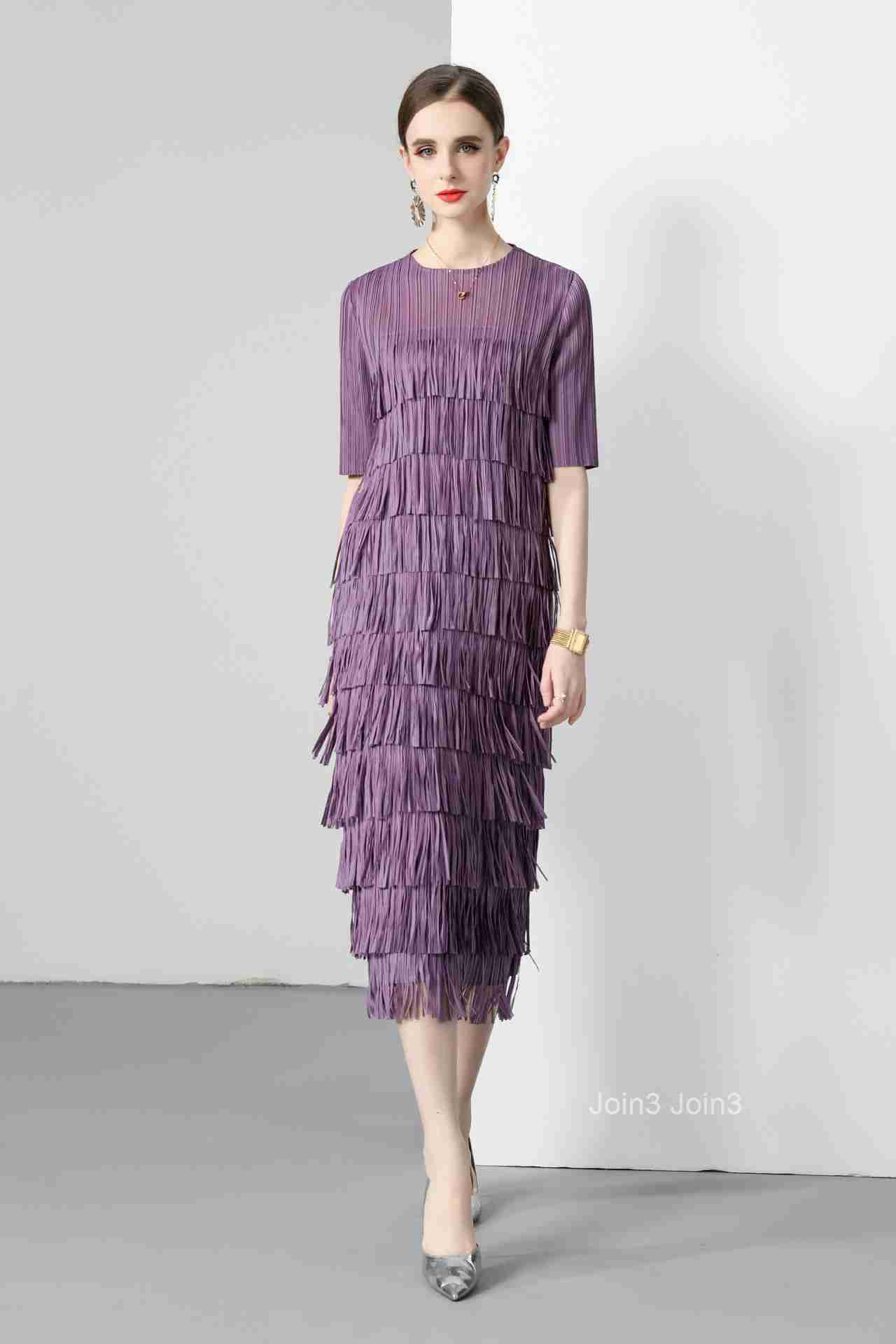 Summer New Womens Pleated Multi-layer Tassel Cake Skirt Solid Color Mid Sleeve Slim Fit Dress