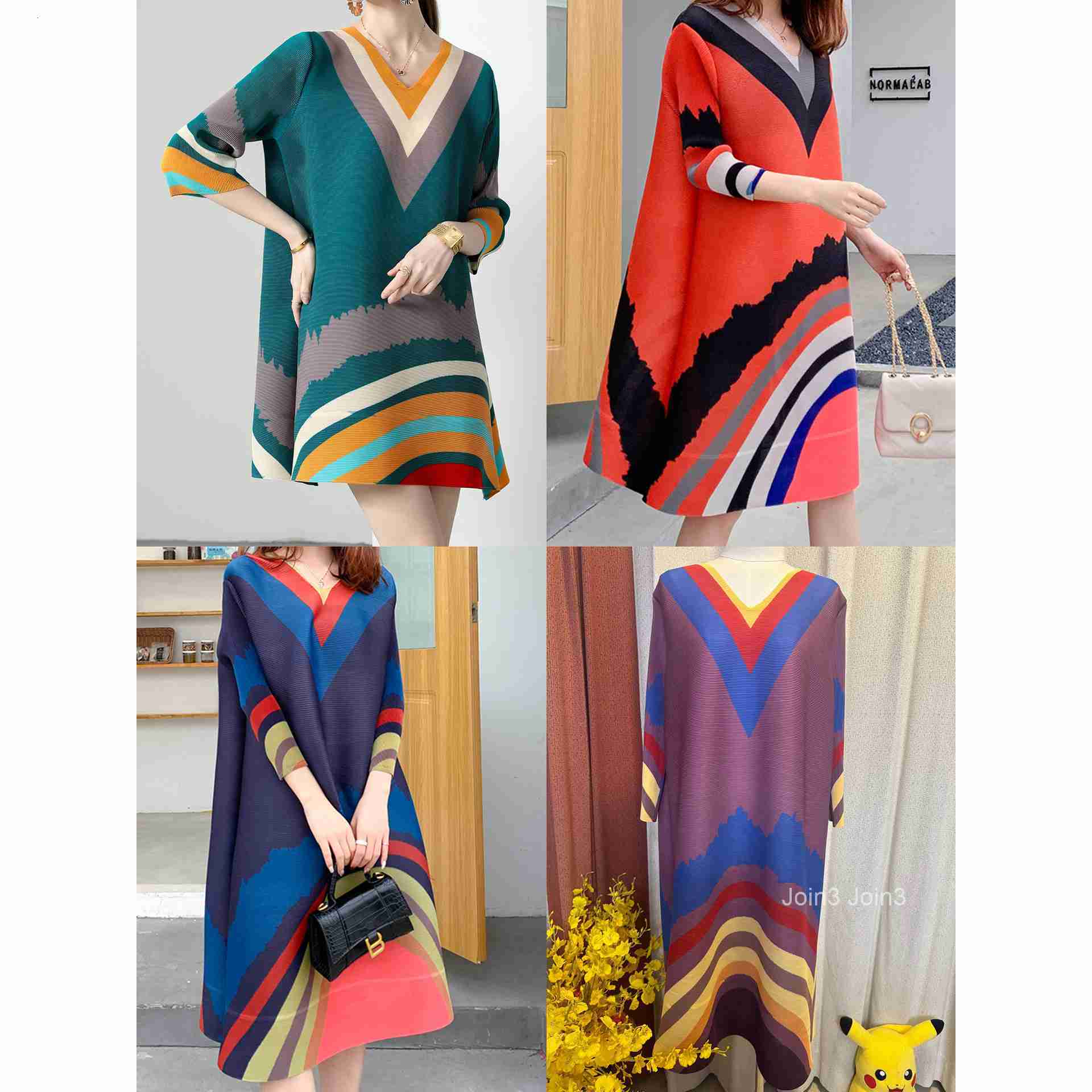 Miyake Summer Striped Slimming and Age Reducing Collar Medium Length Folded Word Skirt Simple Knitted Fabric Korean Edition