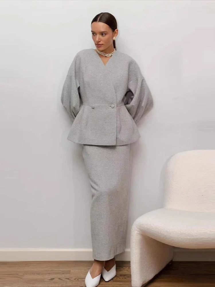 Elegant Puff Sleeve Slim Fit High Waist Women Coat Skirt Sets Fashion V Neck Solid Button Lady 2 Piece Set 2025 Chic Street Wear 250222