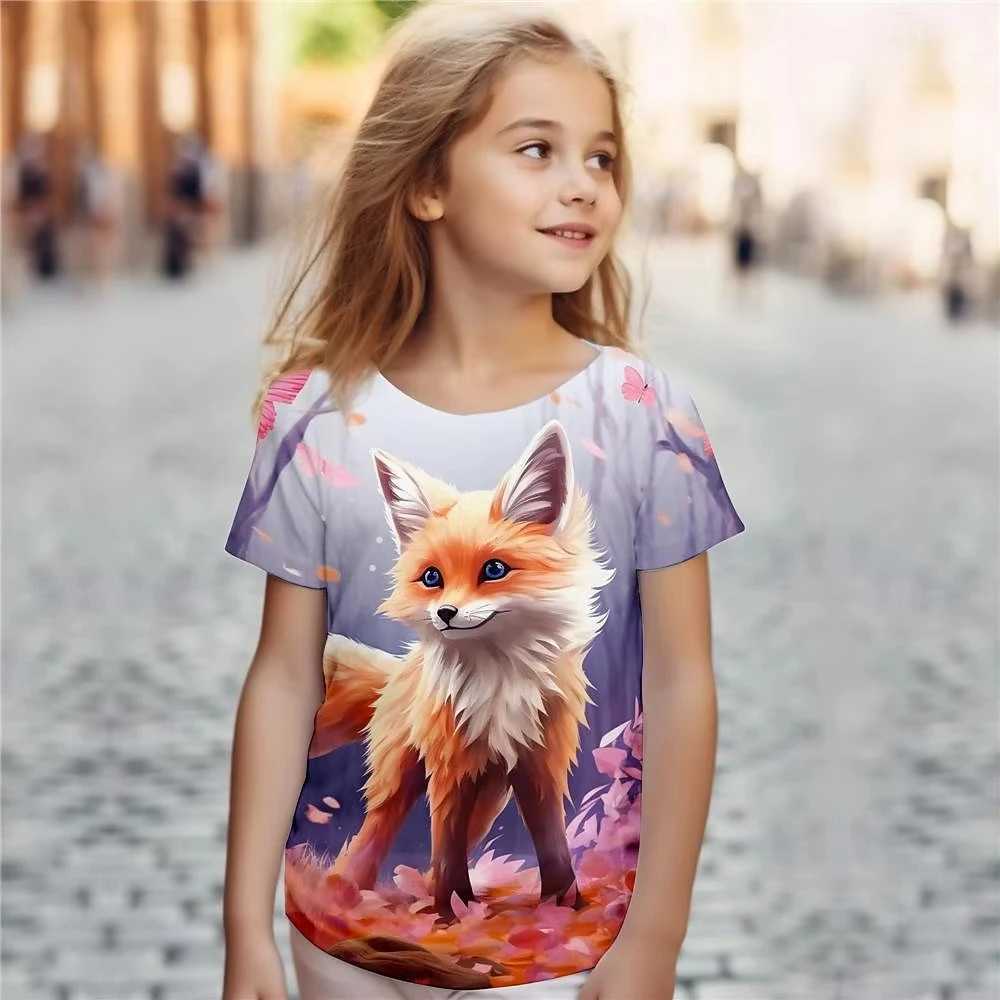 Animal Fox Girl T Shirts Kids Gift Tee Short Sleeve Casual Top Tee Childrens Clothing T Shirt For Girls W250221
