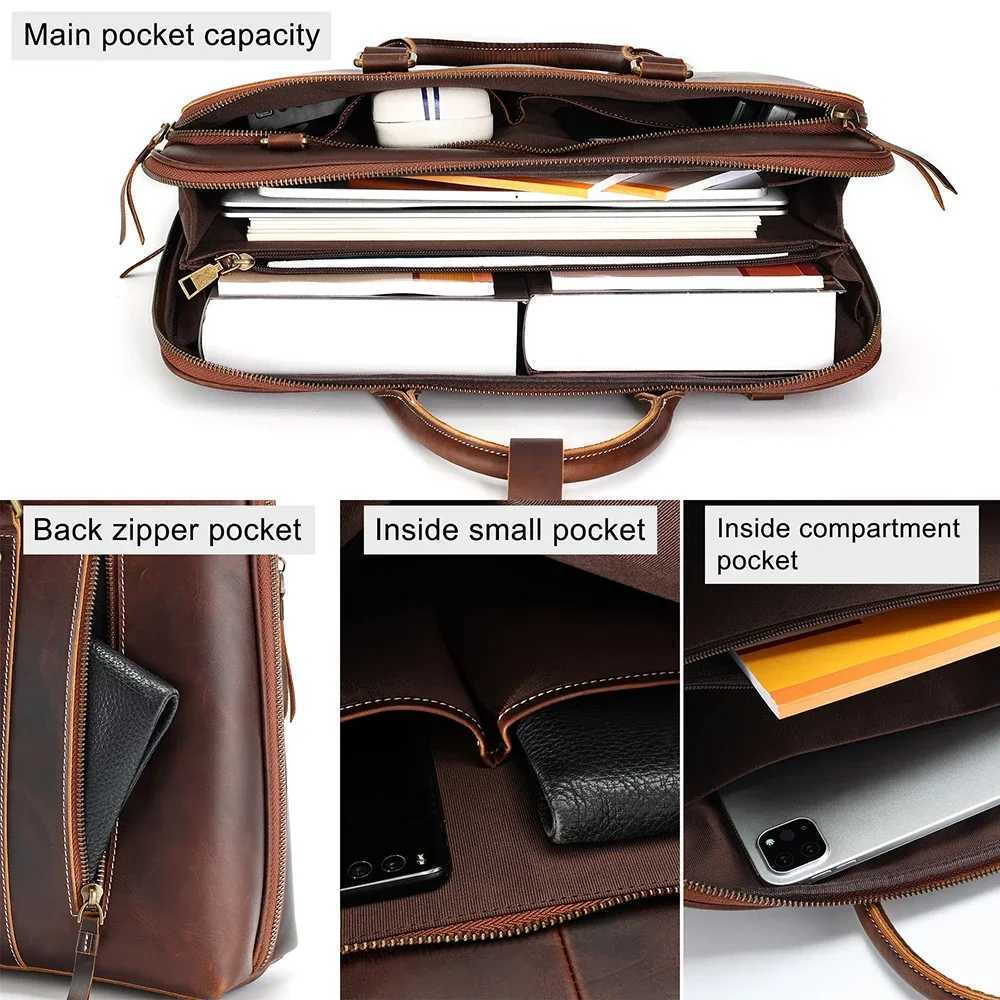 Crazy Horse Leather Mens Briefcases 15.6 Laptop Bag Office Bags for Men Vintage Cowhide Shoulder Messenger Bags New Z250220 - view 7