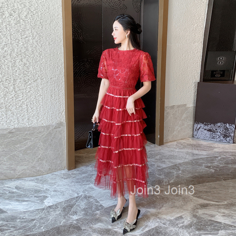 Spring/Summer New Womens Style Sparkle Embroidered Flower Bubble Sleeve Waist Mesh Cake Dress