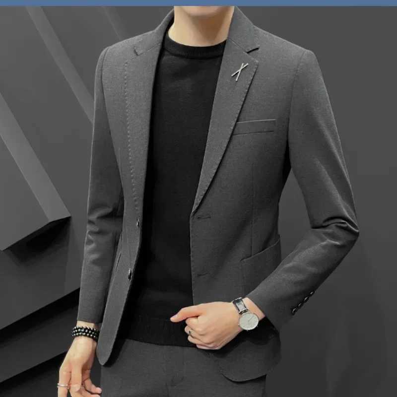 Full Suit for Men Grey High Quality 2024 2 Piece Outfit Set Man Double Breasted Pants Trends Blazer Costumes Clothing KoreanXJ250222