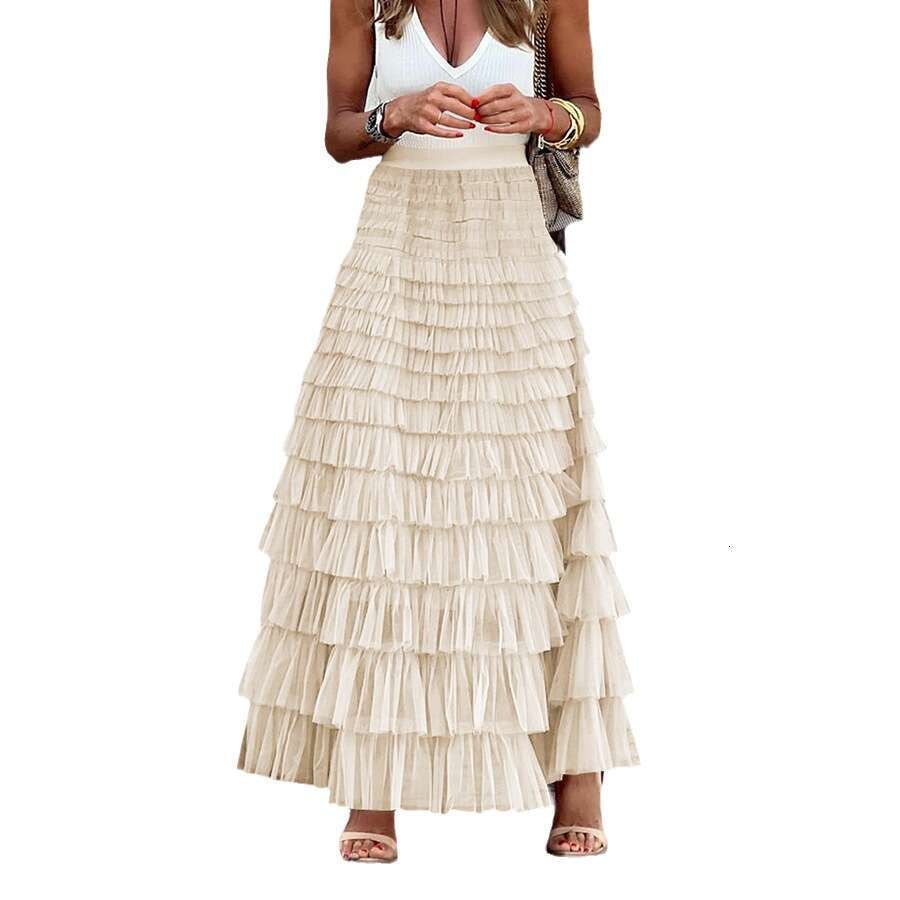 New French long elegant autumn temperament, solid color, high waisted mesh cake skirt, fluffy half skirt for women