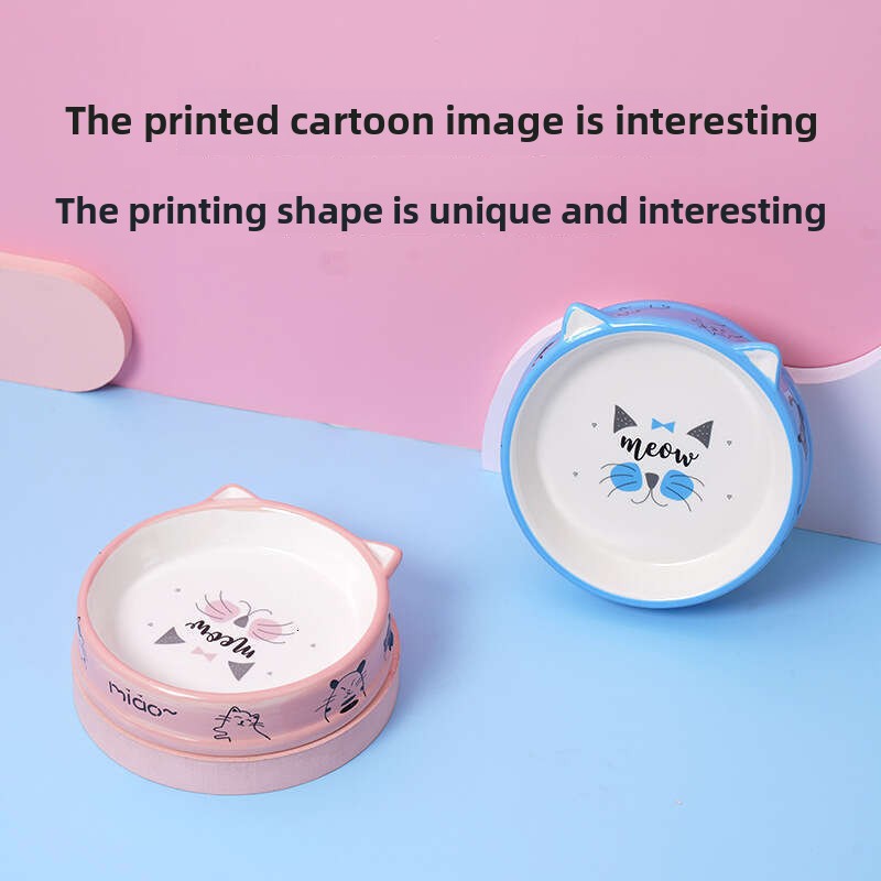 Adorable Cartoon Pattern Ceramic Pet Feeder Set Comfortable Flat Edge Design for Pets' Daily Meals