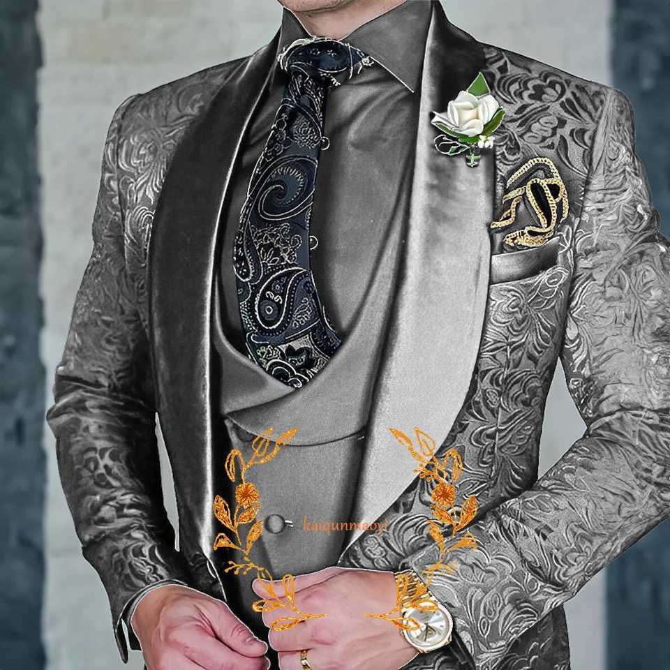 Jacquard Elegant Mens 3 Piece Suit Set Wedding Groom Tuxedo Jacket Pants Vest Formal Party Dress XS-5XLXJ250222