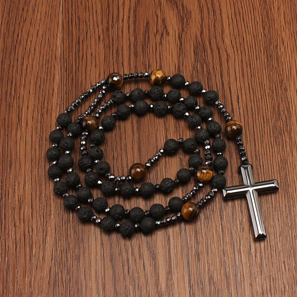 Natural Lava Stone Tiger-eye Hematite Cross Pendant Necklace Rosary Handmade Jewelry for Men 250217