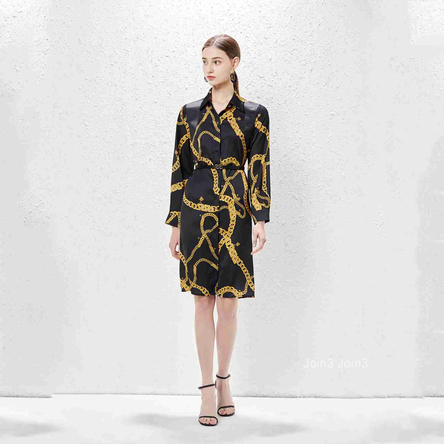 Spring/Summer New Womens Satin Chain Printed Single breasted Elegant Dress (with Belt)