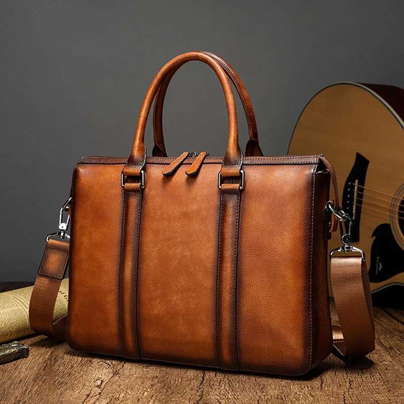 Mens handmade genuine leather handbag factory sun dried blackhead layer cowhide briefcase business computer bag mens shoulder bag Z250220