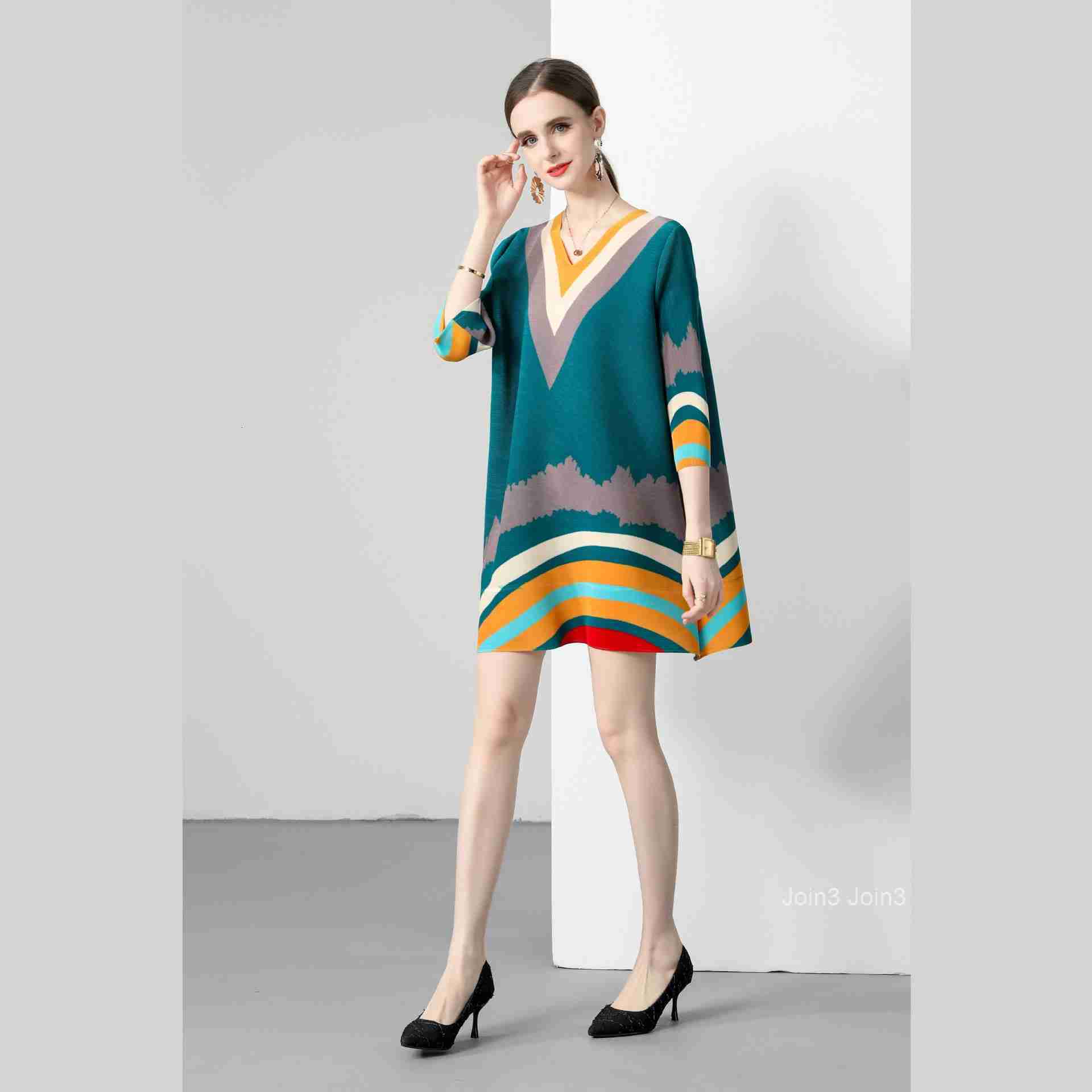 Miyake Summer Striped Slimming and Age Reducing Collar Medium Length Folded Word Skirt Simple Knitted Fabric Korean Edition