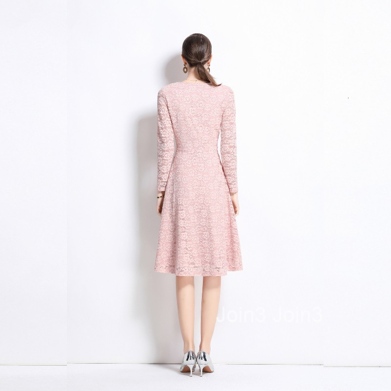 Spring New Womens Clothing Sweet Temperament V-neck Long Sleeved Slim Fit Lace Long Skirt Dress