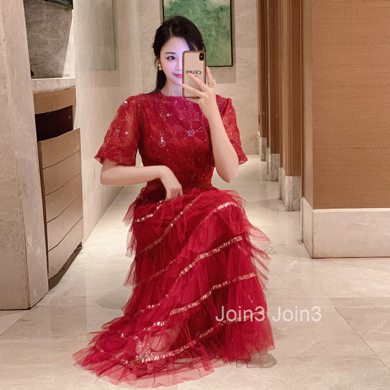 Spring/Summer New Womens Style Sparkle Embroidered Flower Bubble Sleeve Waist Mesh Cake Dress