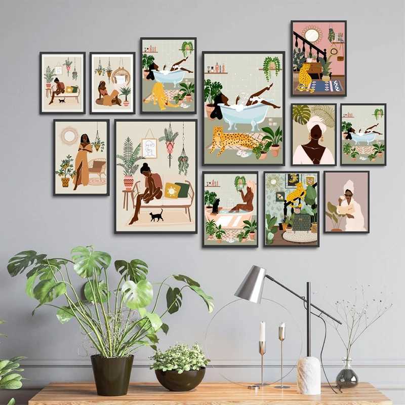 African Art Prints Bohemian Abstract Fashion African Black Girl Bathing Poster Tropical Plants Jungle Women Canvas Painting Decoration Y250218