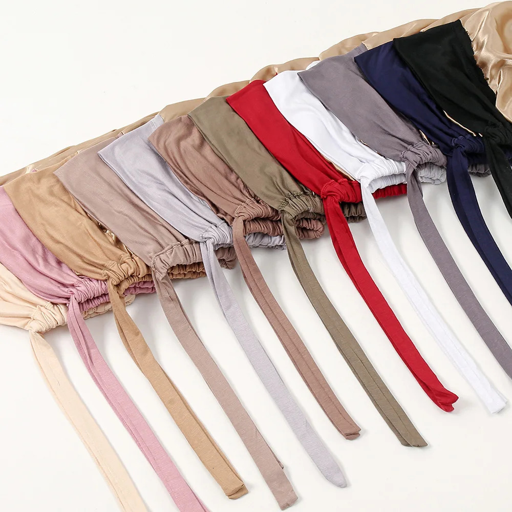 Double Layer Modal Satin Hijab Cap Islam Undercap with Tie Bonnet Instant Hijabs for Women Turkish Scarves Muslim Turban Bandana 250221