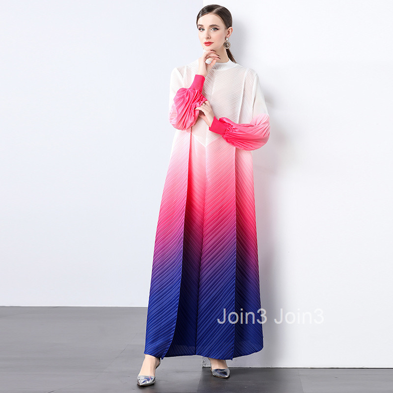 pleated gradient long skirt womens fashion temperament loose plus long sleeved stand up collar dress