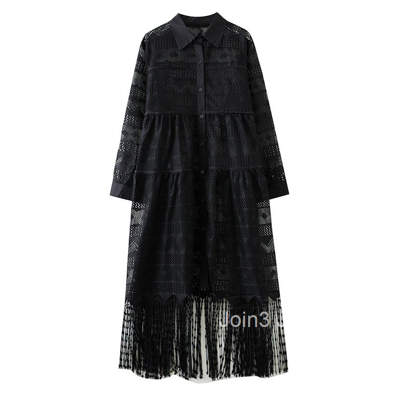 Spring and Autumn Dark Long Lace Splicing Dress Fashionable and Versatile Perspective Shirt Skirt