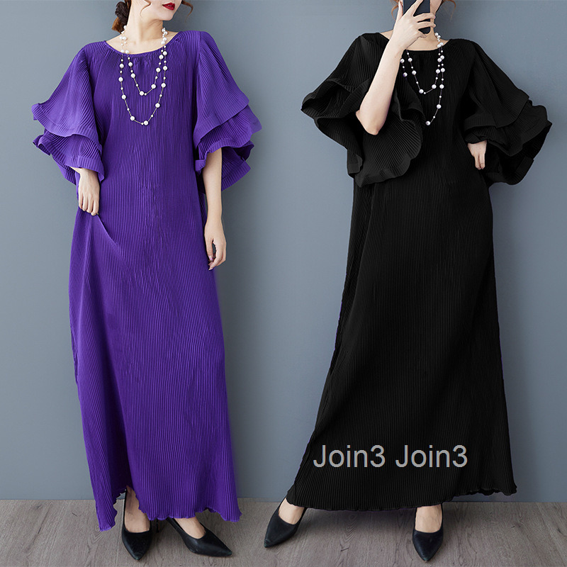 Spring and Autumn New Hundred Fold Long Dress Fashion Round Neck Lotus Leaf Sleeves Loose and Slim Ladies Long Dress