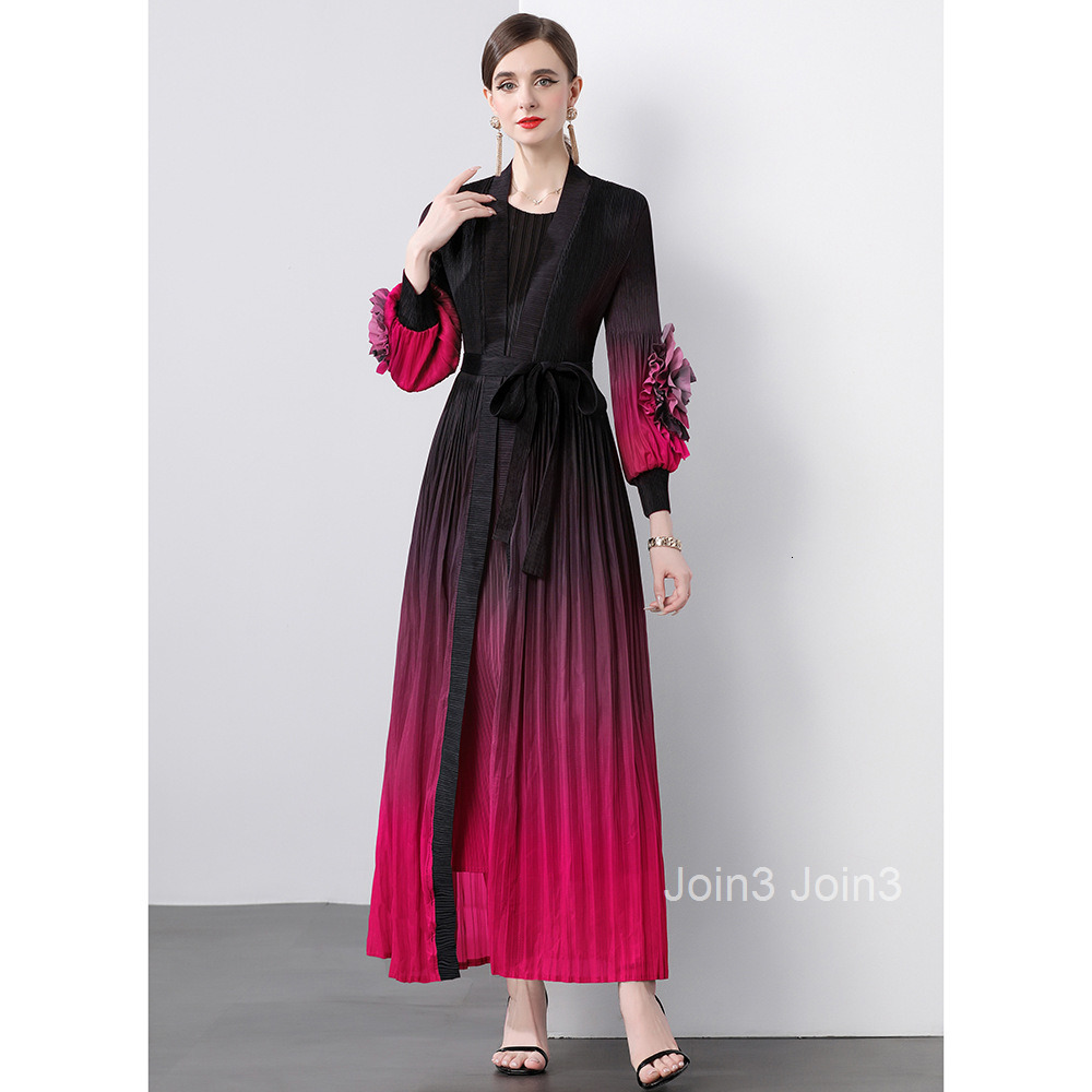 Autumn New Womens Clothing Pleated Gradient Plate Flower Lace Up Jacket+sleeveless Straight Tube Long Skirt Set