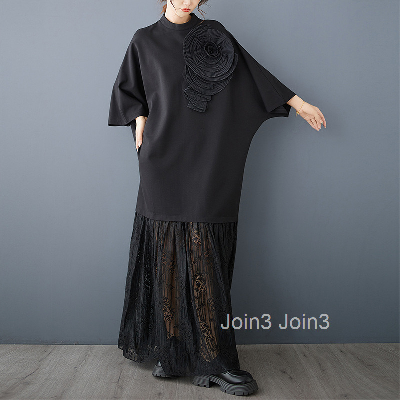 Spring and Autumn New Loose Dark Design Three Dimensional Flower Lace Splicing Temperament Slimming Dress